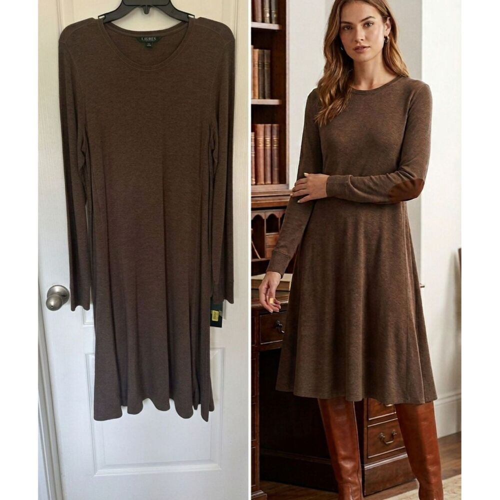 Lauren Ralph Lauren Brown Long Sleeve Dress Elbow Patches Size L NWT Old Money